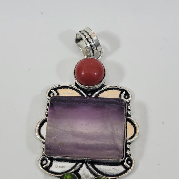 Handmade Silver Pendant with Banded Amethyst Jasper and Green Quartz Trio - Picture 10 of 10
